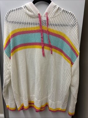 torrid Cream Open-Knit Hoodie Sweater with Pink, Yellow & Aqua Stripes